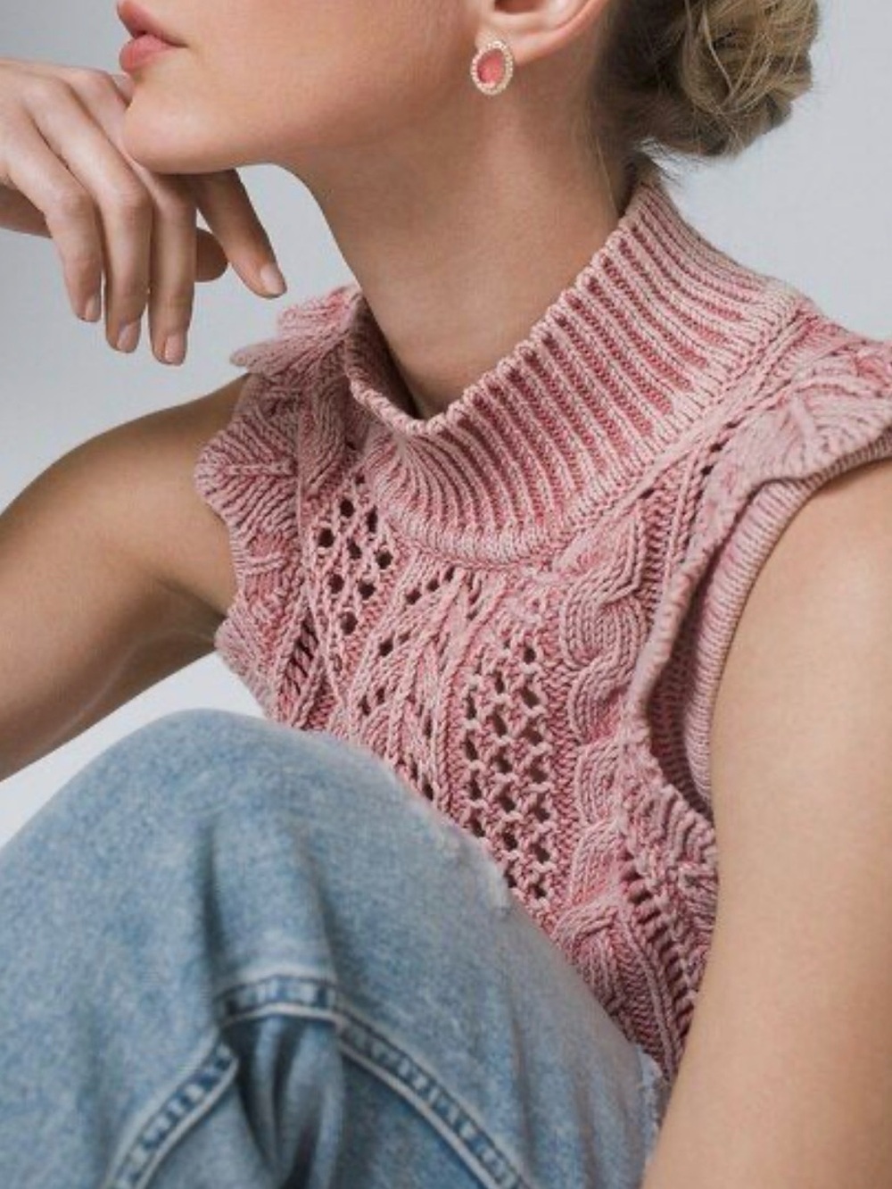 WHBM Fall Pink Acid Wash Sleeveless Turtleneck Sweater Fisherman Cable Knit XS